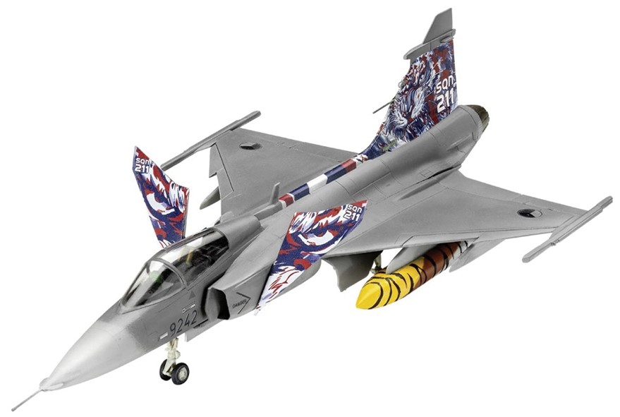 Model de asamblat Revell Militar: Avioane - Avion de vânătoare suedez Saab JAS-39C Gripen, 110 piese