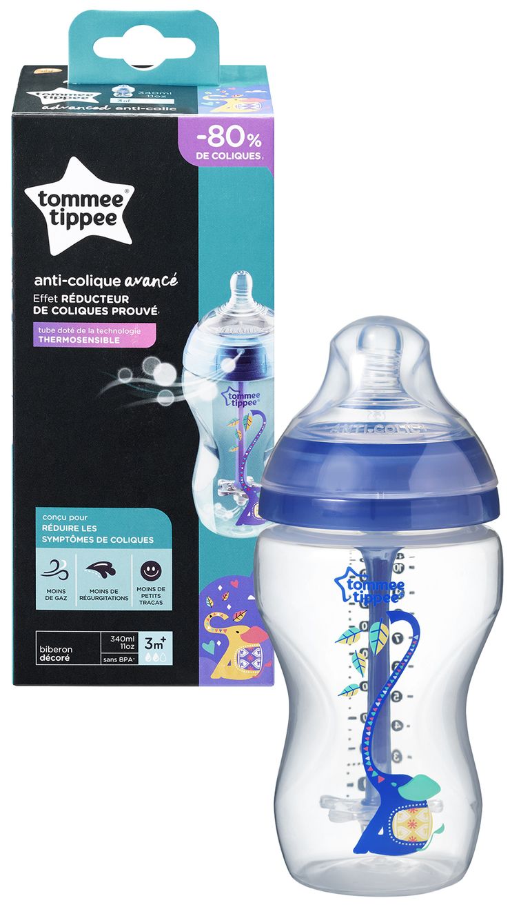 Biberon Tommee Tippee Advanced Anti-Colic - 340 ml, cu tetina 2 picaturi, Flux mediu, albastru