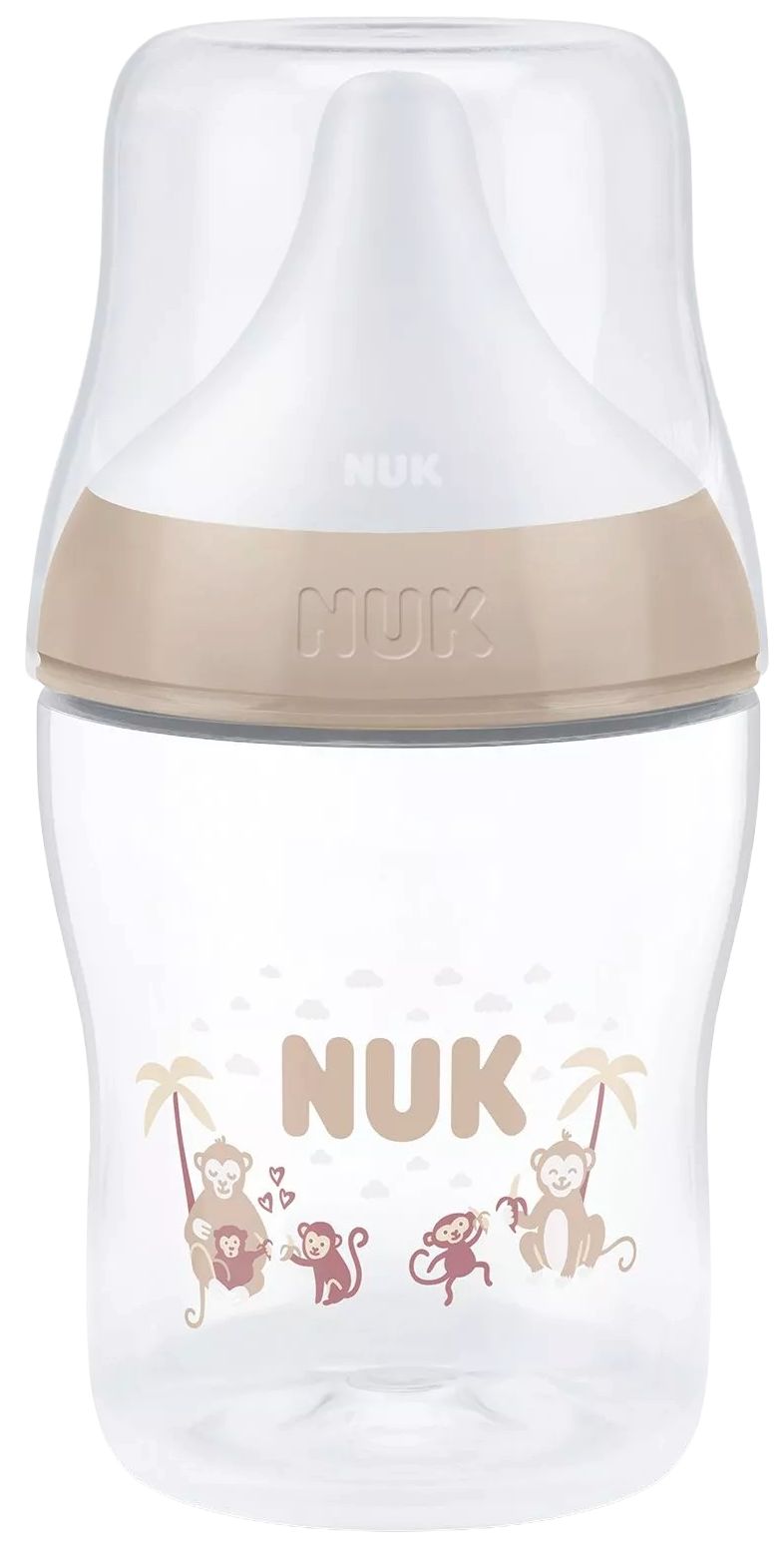 Biberon cu tetină din silicon NUK Perfect Match - 150 ml, mărimea S, 0 luni+, maimuță, bej