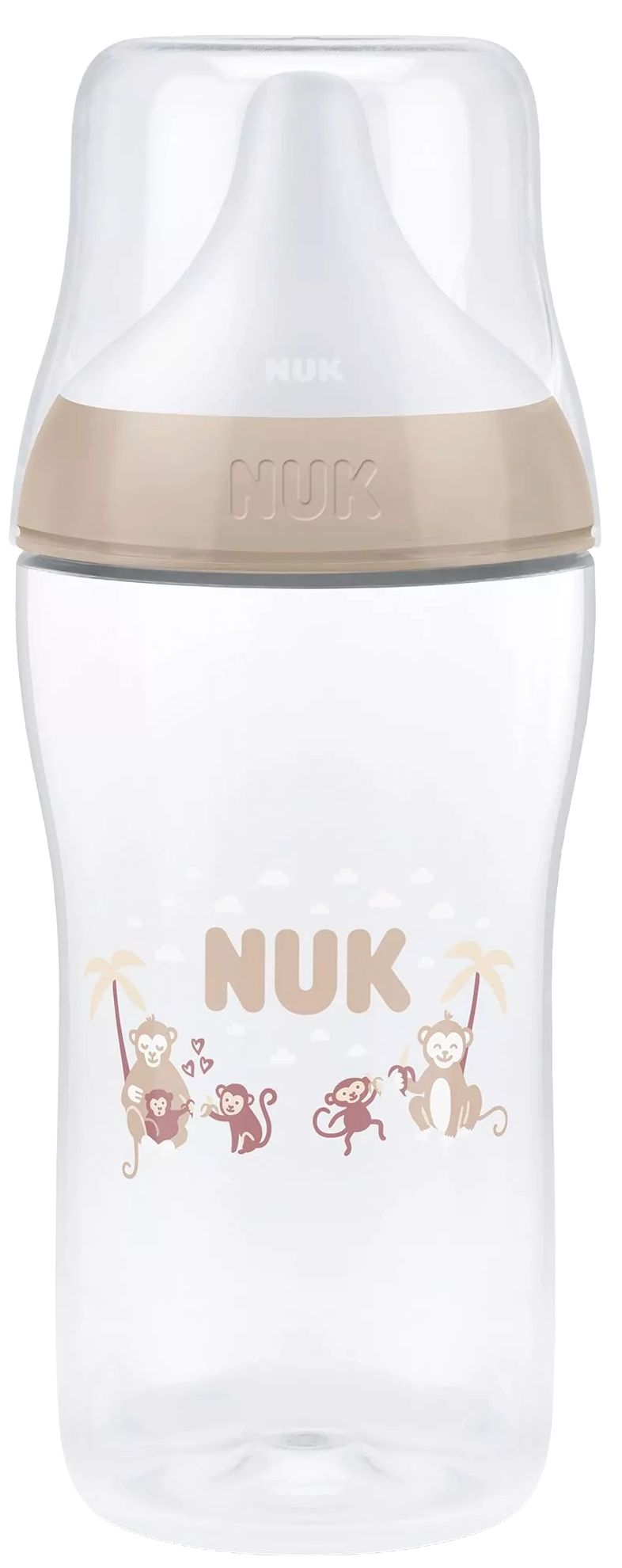 Biberon cu tetină din silicon NUK Perfect Match - 260 ml, mărimea M, 3 luni+, maimuţă, bej