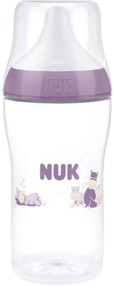 Biberon cu tetină din silicon NUK Perfect Match - 260 ml, mărimea M, Hipopotam, roz