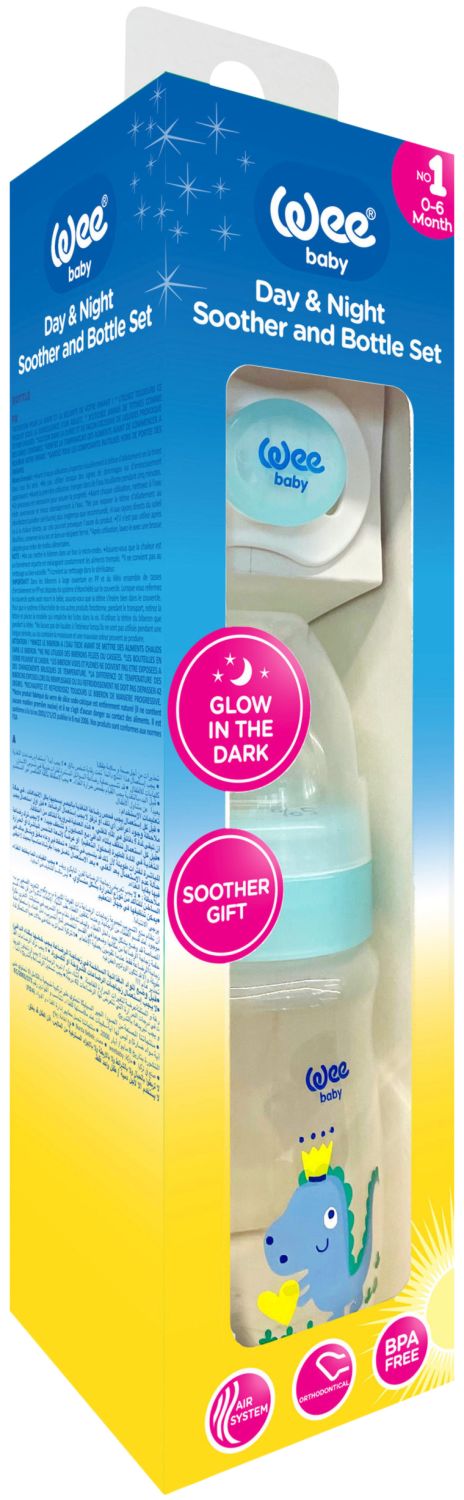 Biberon și suzetă Wee Baby - Day & Night, 150 ml, albastru