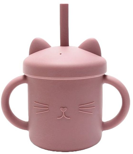 Cană din silicon cu mânere și paie Lorelli - Natural, Deep Pink