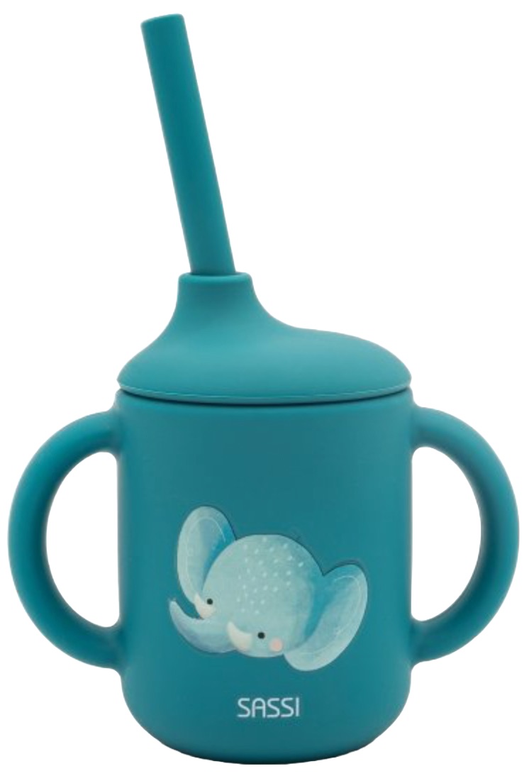 Cană din silicon cu paie Sassi - Chewy The Elephant, albastru