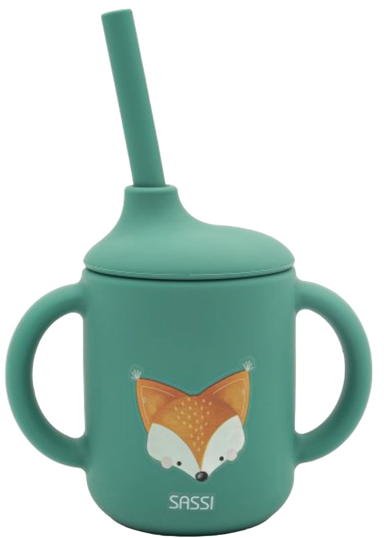 Cană din silicon cu paie Sassi - Crunchy the Fox, verde