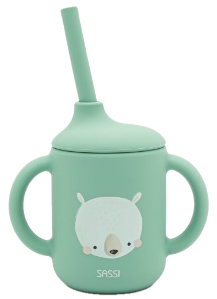 Cană din silicon cu paie Sassi - Munchy The Bear, verde