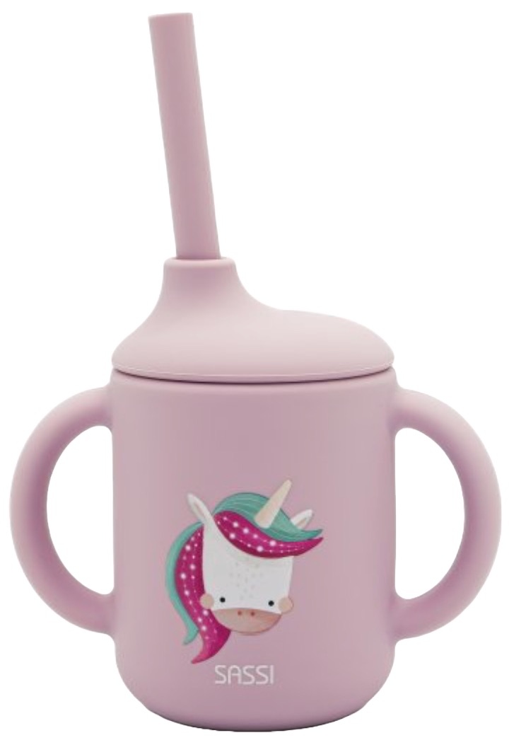 Cană din silicon cu paie Sassi - Sparkly The Unicorn, roz