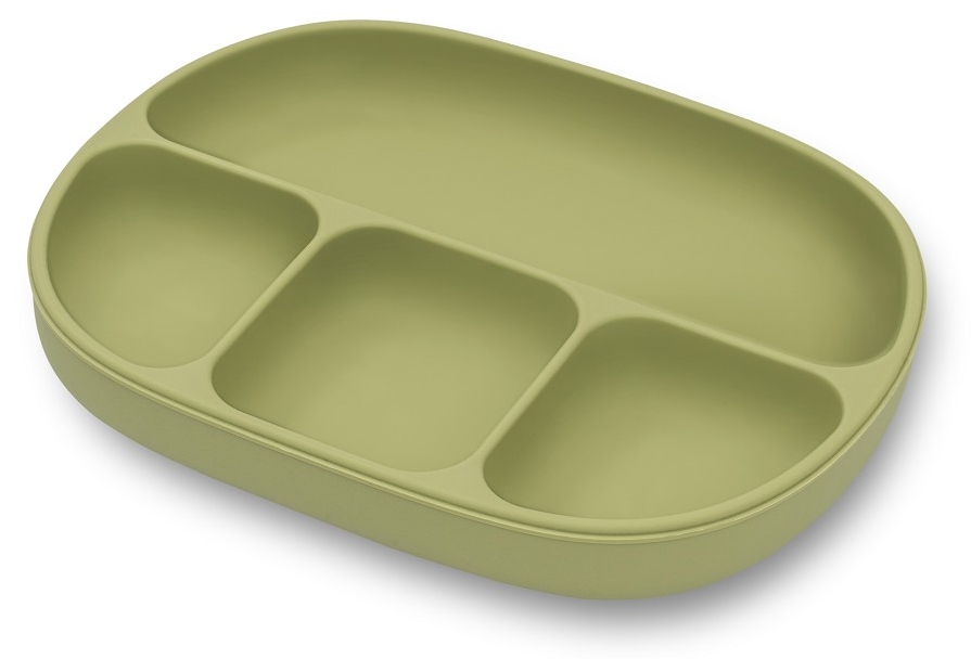 Farfurie din silicon Interbaby - Cu compartimente, ventuză și capac, Olive Green