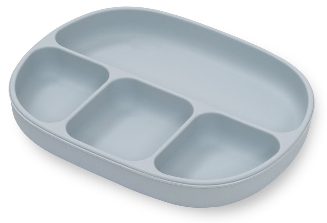 Farfurie din silicon Interbaby - Cu compartimente, ventuză și capac, gri-albastru