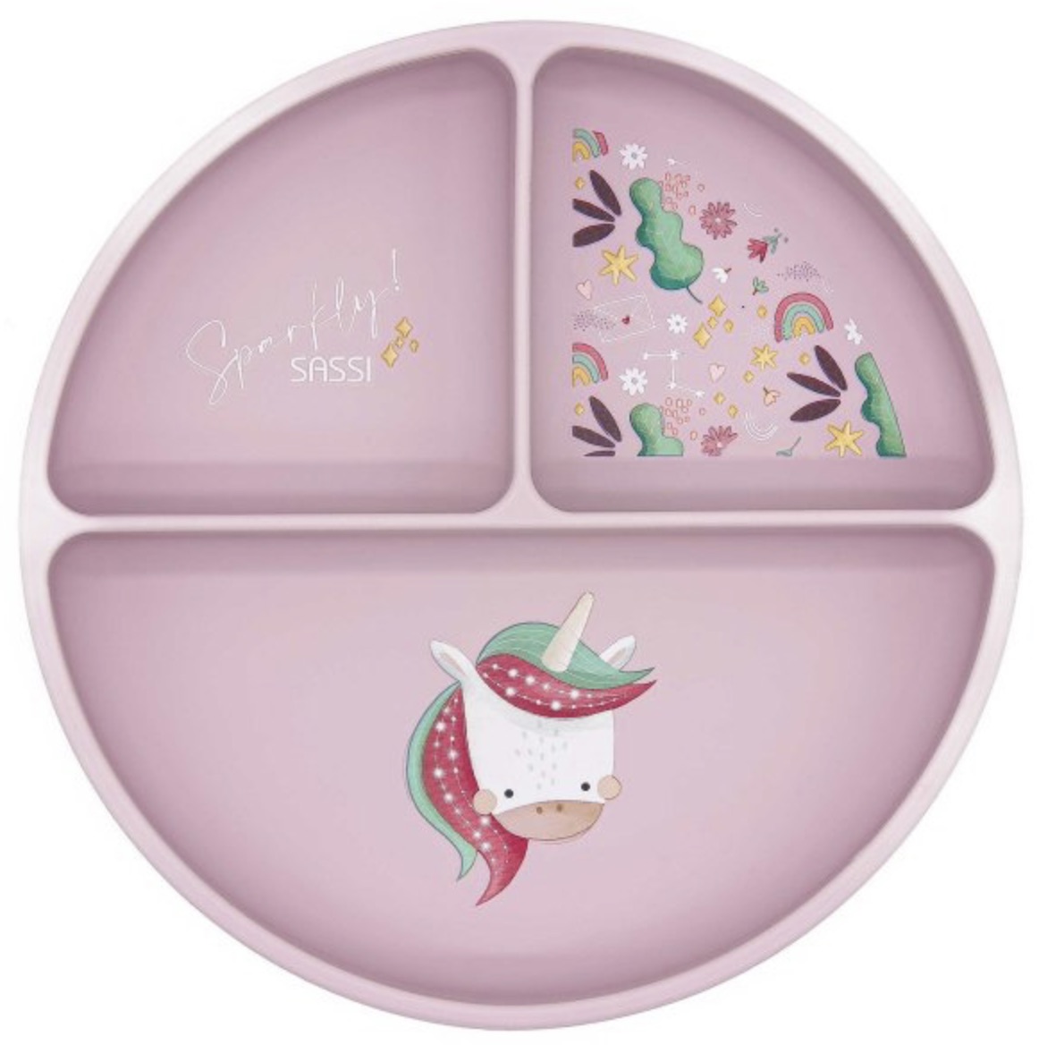 Farfurie din silicon cu ventuză  Sassi - Sparkly The Unicorn, roz
