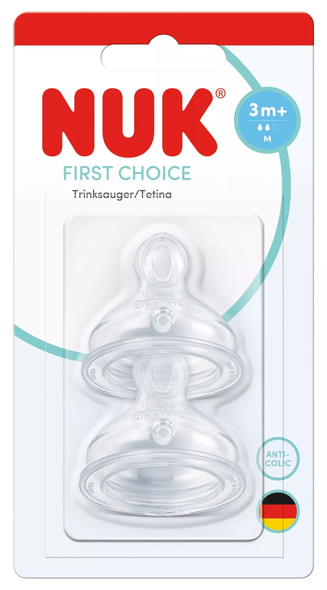 Tetine din silicon pentru sticlă NUK First Choice + - M, 3+ luni, 2 bucăți