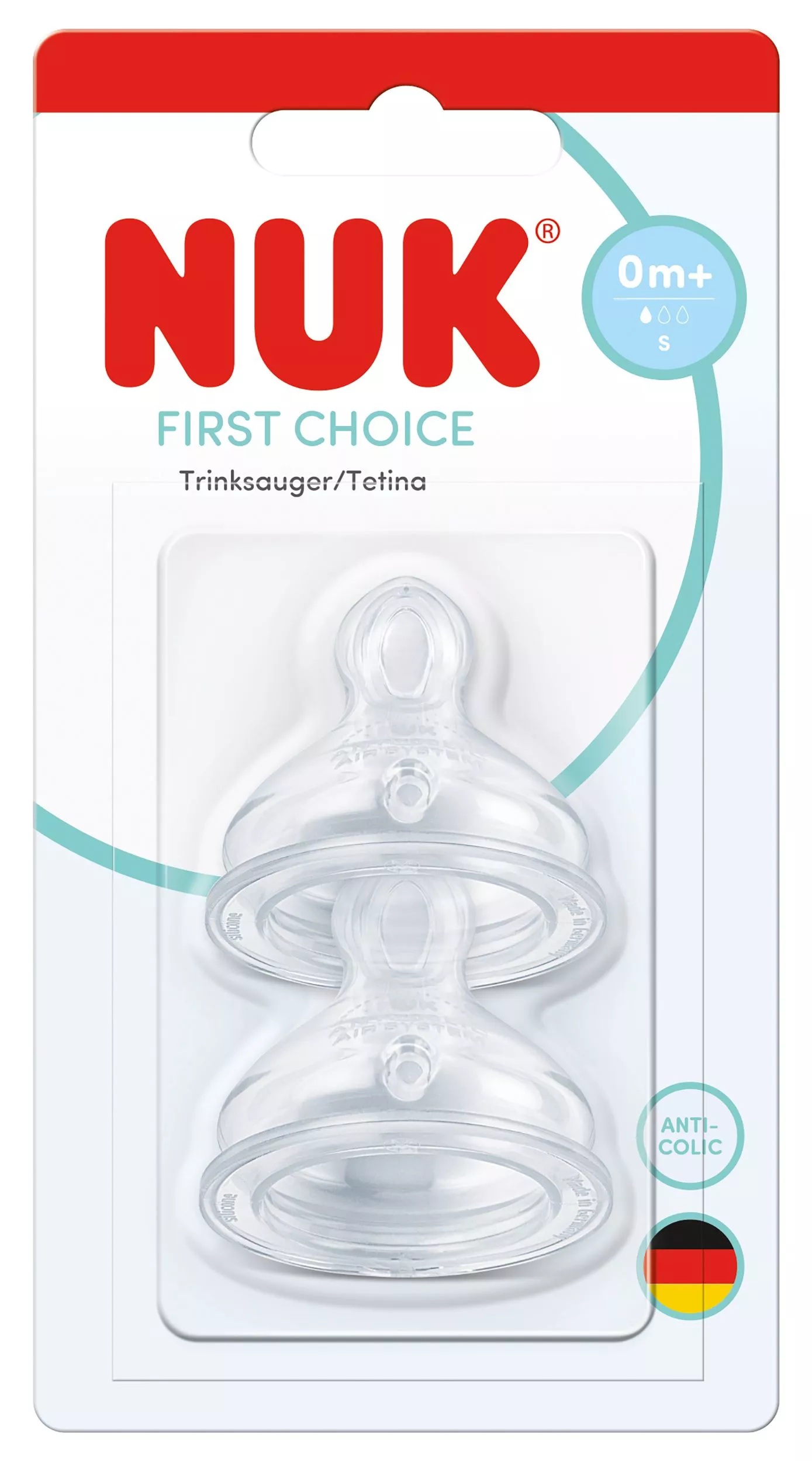Tetine din silicon pentru sticlă NUK First Choice + - Mărimea S, 0+ luni, 2 bucăți