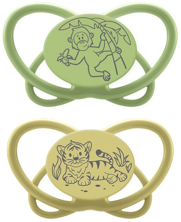 Suzete din silicon NIP Green - Maimuță și tigru, 0-6 m, 2 bucăți
