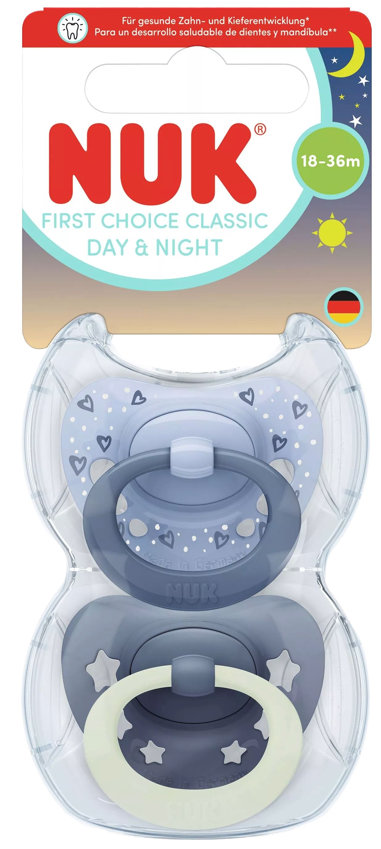Suzete din silicon NUK First Choice - Day & Night, 18luni+, pentru băiat, albastru, 2 buc