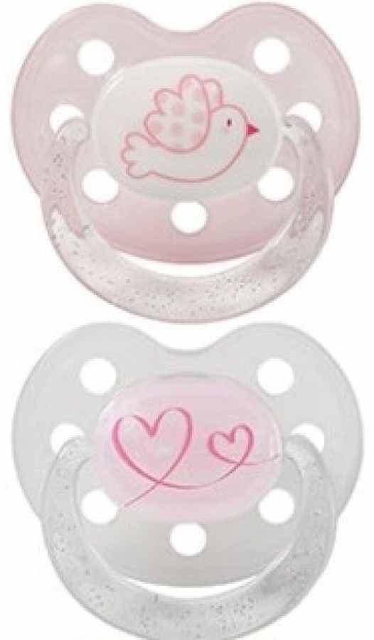Suzete din silicon cu inel Baby Nova - mărimea 1, pasăre și inimă, 2 bucăți, roz