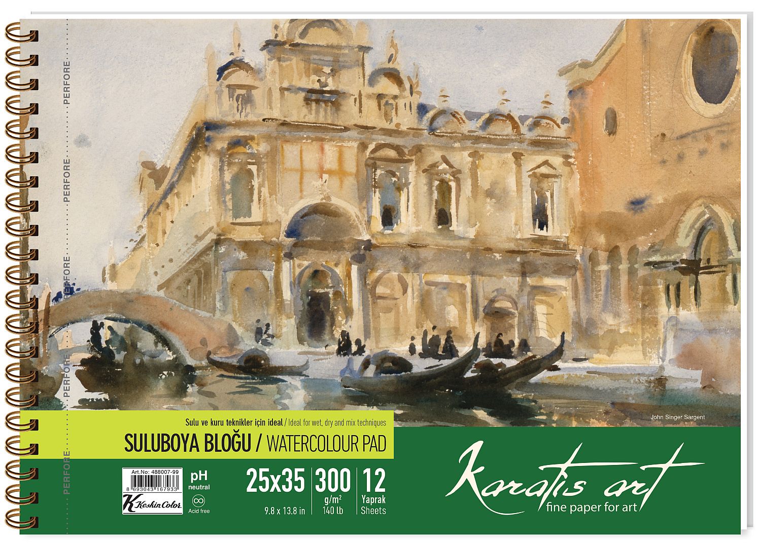 Caiet de schițe acuarelă Keskin Color - Legat cu spirala, 25 x 35 cm, 12 coli