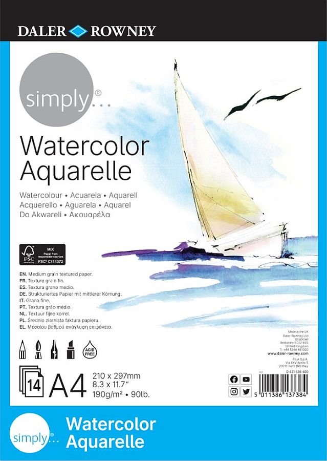 Caiet de schițe cu acuarelă  Daler-Rowney Simply - A4, 12 foi, sortiment