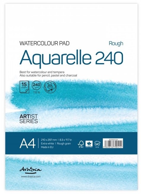 Caiet de schite pentru vopsele acuarele Drasca Watercolour pad - A4, 15 file