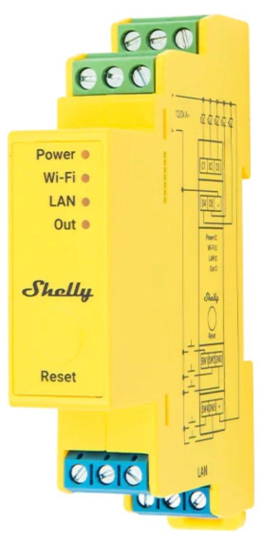 Controler smart Shelly - Pro RGBWW PM, șină DIN, Wi-Fi, galben
