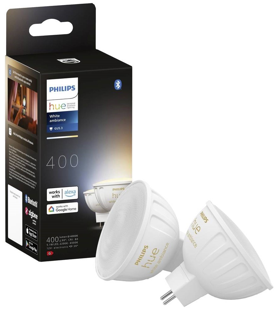 Becuri inteligente Philips - Hue White Ambiance, 5.1W, GU5.3, 2 bucăți, dimmer