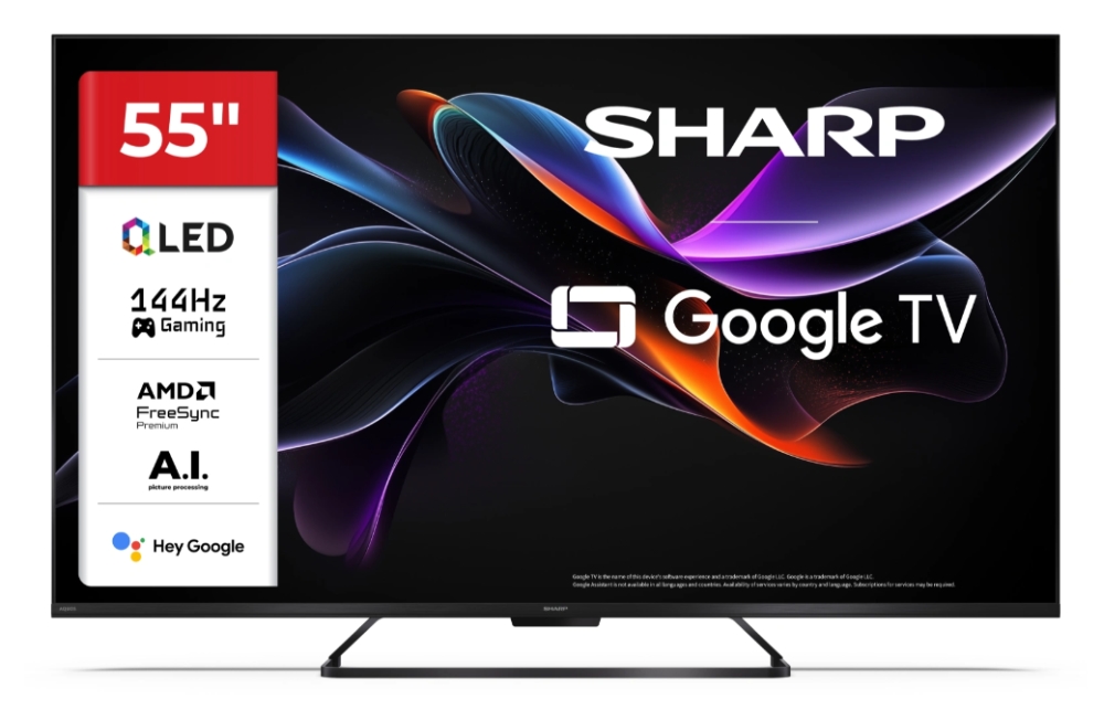 Televizor smart Sharp - Aquos 55HR7265E, 55'', QLED, 4K, AI UltraClear, 144Hz, 2x12W Dolby Atmos-Vision, Google TV, negru