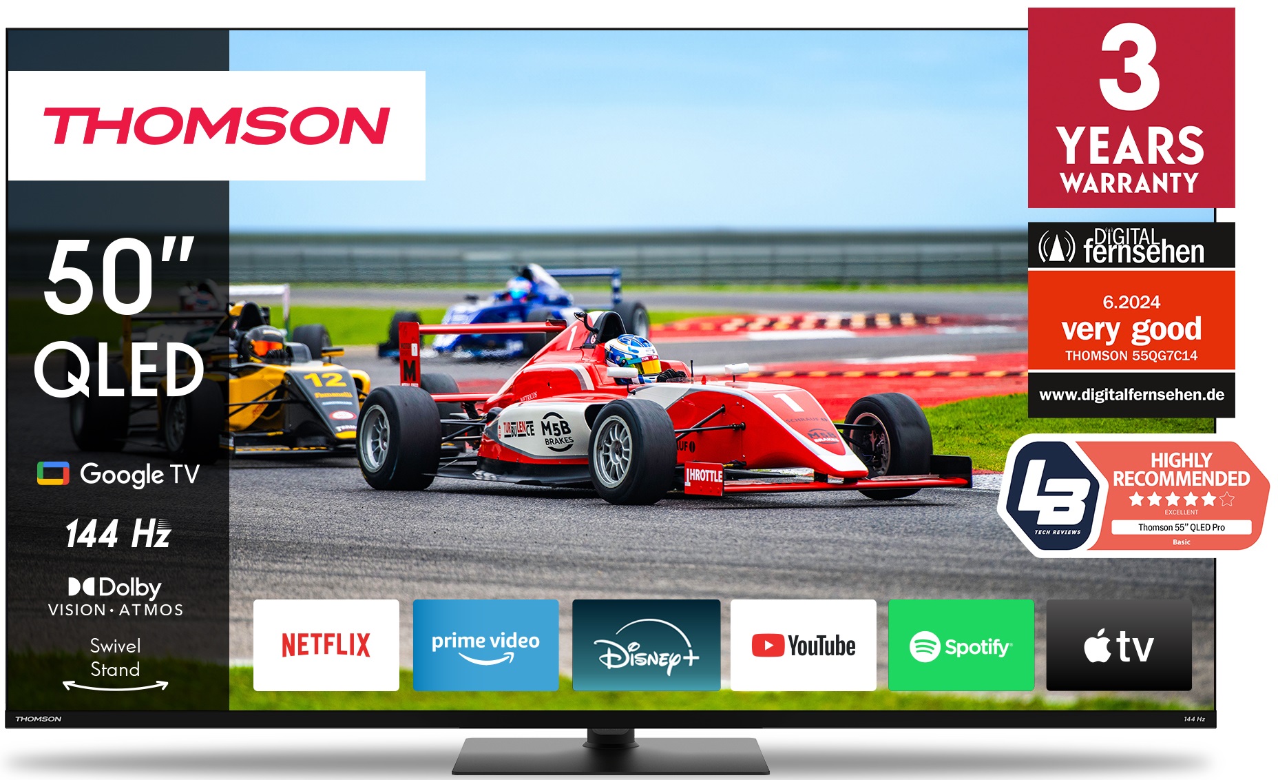 Televizor smart Thomson - 50QG7C14, 50'', 4K, 144Hz, QLED Pro, UHD, HDR10, Dolby Vision-Atmos, Google TV, negru