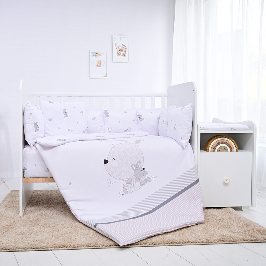Lenjerie pătuț Lorelli - Trend, Little Rabbits, cu protecție laterală, gri