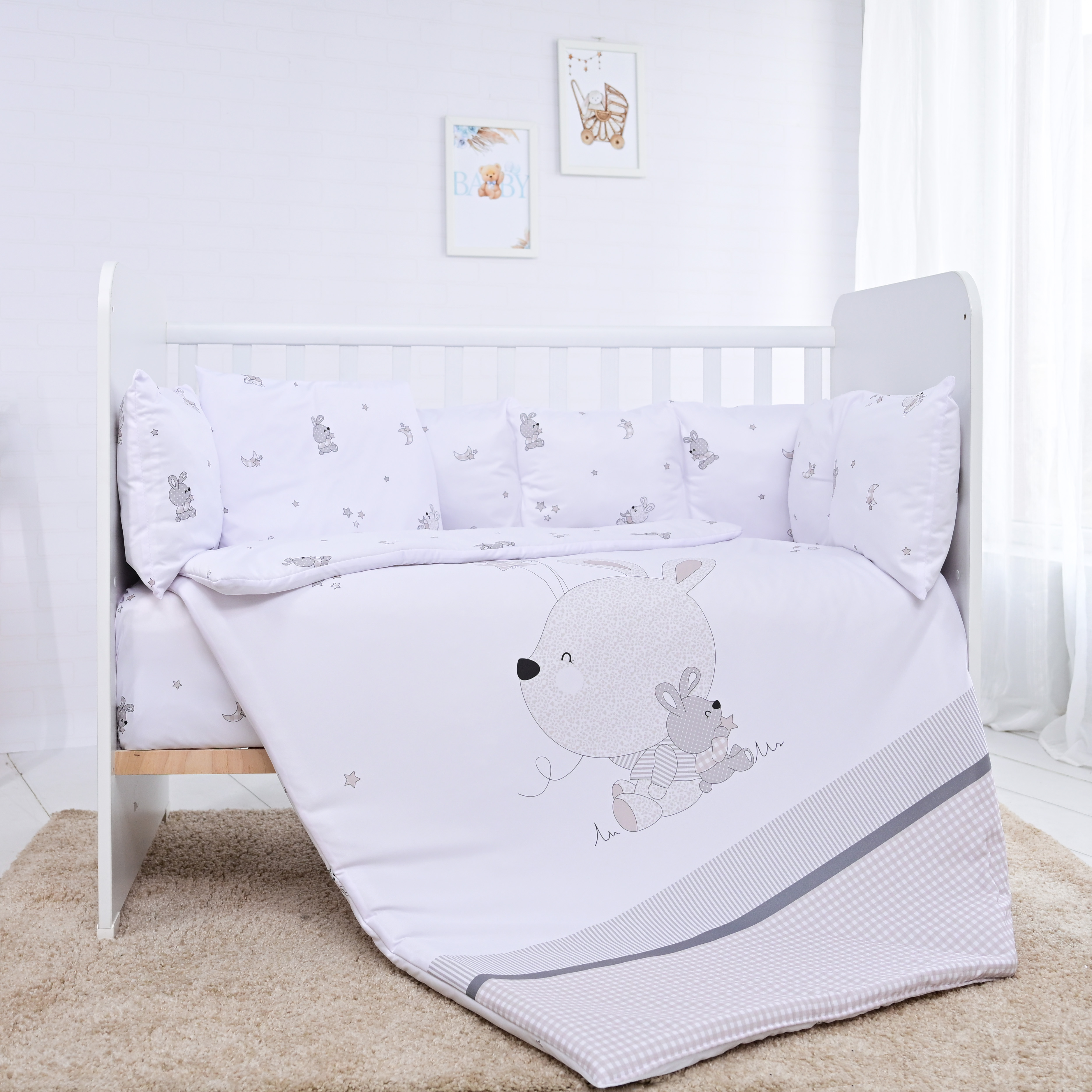 Set dormitor din 5 piese cu bord mare Lorelli - Little Rabbits, gri