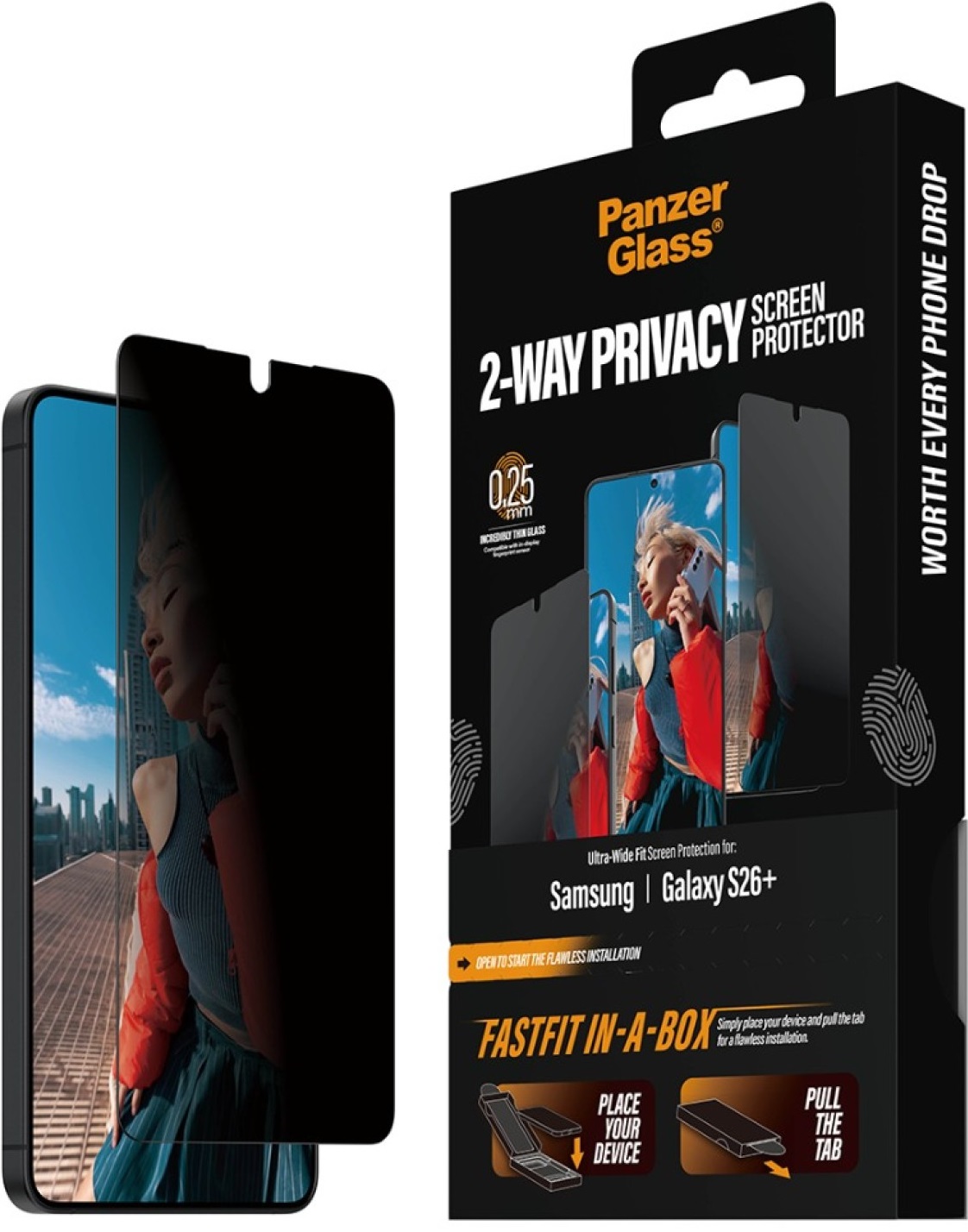 Protector de sticlă  PanzerGlass – 2-Way Privacy w. FASTFIT IN-A-BOX, Galaxy S26 Plus