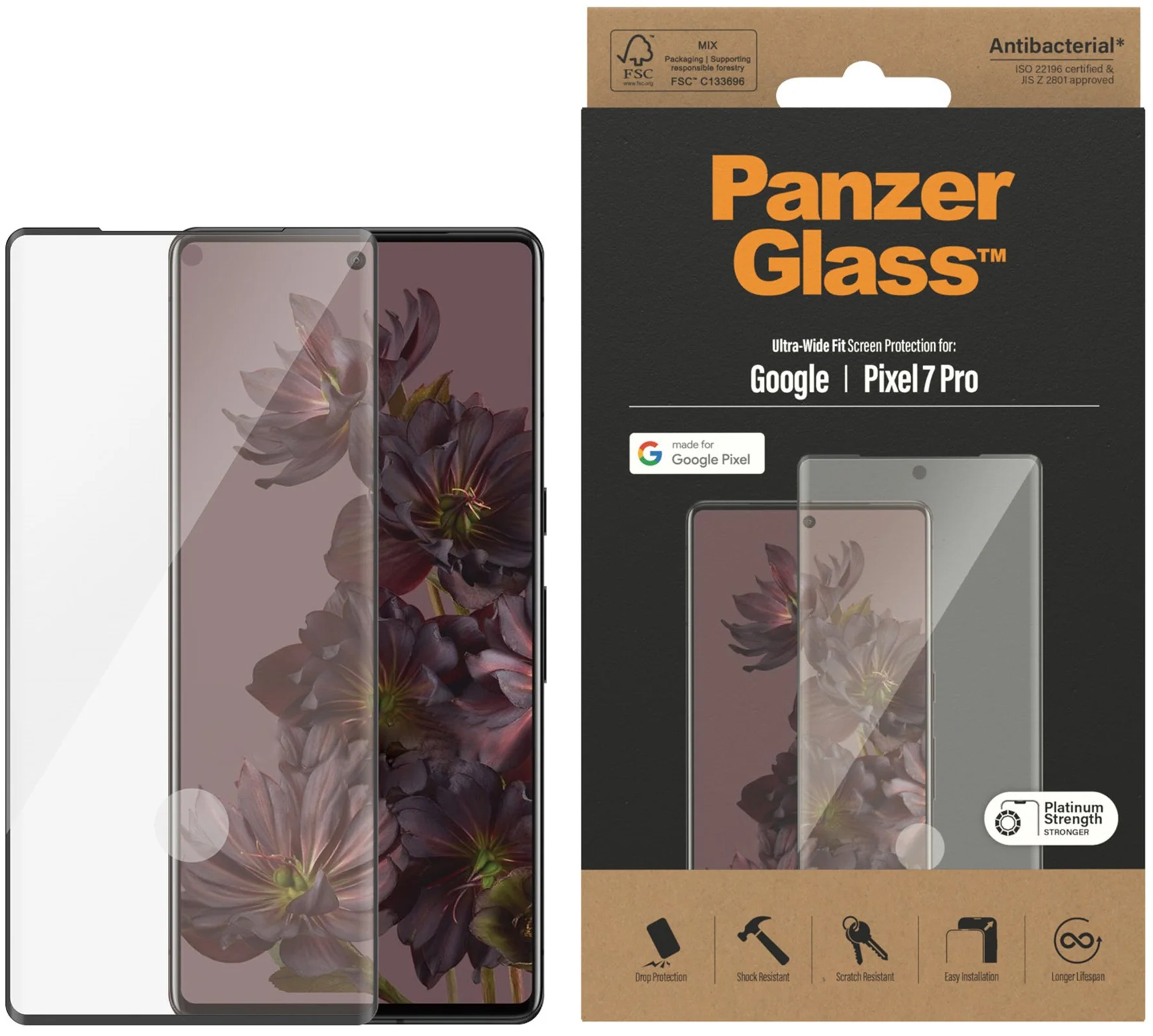 Protector de sticlă PanzerGlass - AntiBact CaseFriend UWF, Pixel 7 Pro