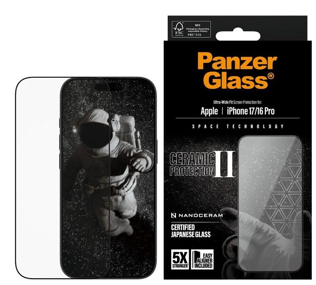 Folie de protectie Ecran PanzerGlass Ultra-Wide Ceramic II EasyAligner pentru Apple iPhone 17 / 16 Pro, Sticla Securizata, Full Glue, Neagra - imagine 2