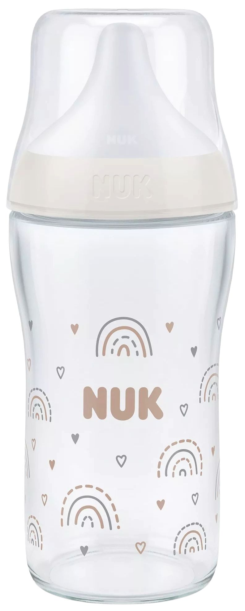 Biberon de sticlă cu tetină din silicon NUK Perfect Match - TC, 230 ml, mărimea M, 3 luni+, Curcubeu