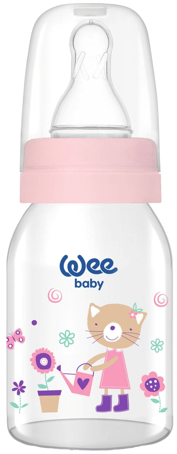 Sticlă de sticlă Wee Baby Classic - 125 ml, roz cu o pisicuță