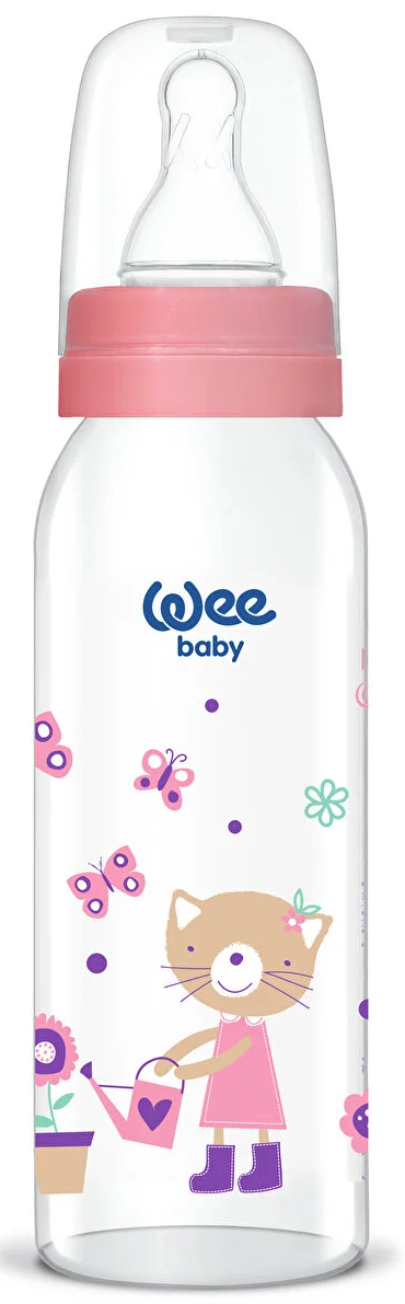 Sticluță de sticlă Wee Baby Classic, 250 ml, roz cu pisicuță