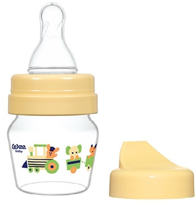 Biberon din sticlă Wee Baby Mini, cu 2 varfuri, 30 ml, galbena