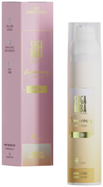 Suga Buba Loțiune de protecție solară organică strălucitoare, SPF20+, 100 ml