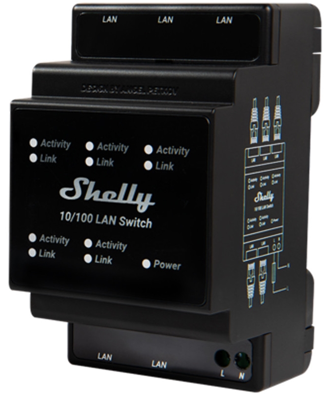 Switch Shelly - LAN, 5x RJ45, șină DIN, negru