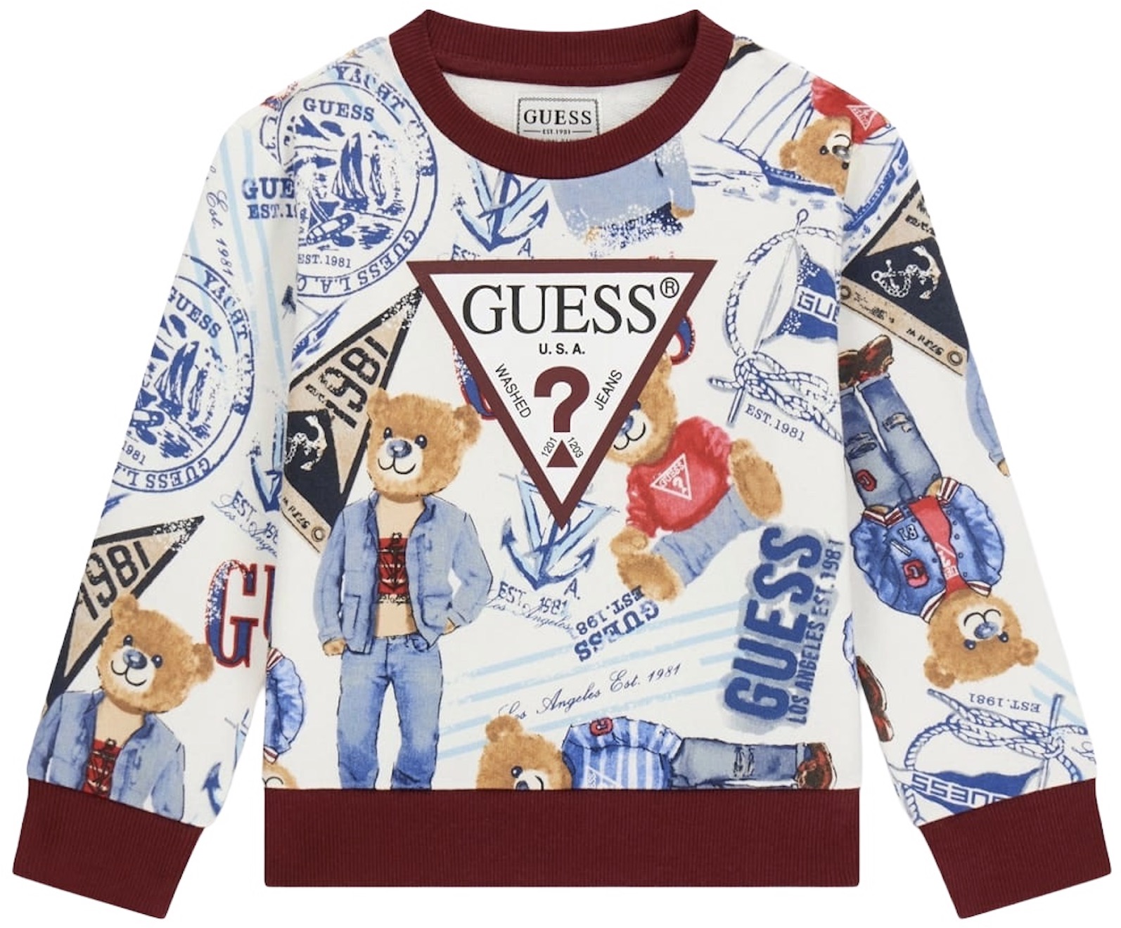Hanorac cu mânecă lungă Guess - Ursuleț cu blugi și imprimeuri, multicolor, 12 luni