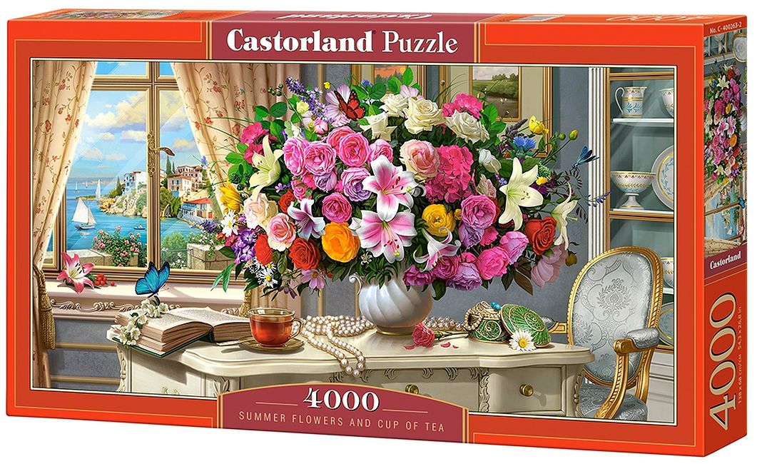 Puzzle panoramic Castorland din 4000 de piese - Flori de vara si pahar cu ceai