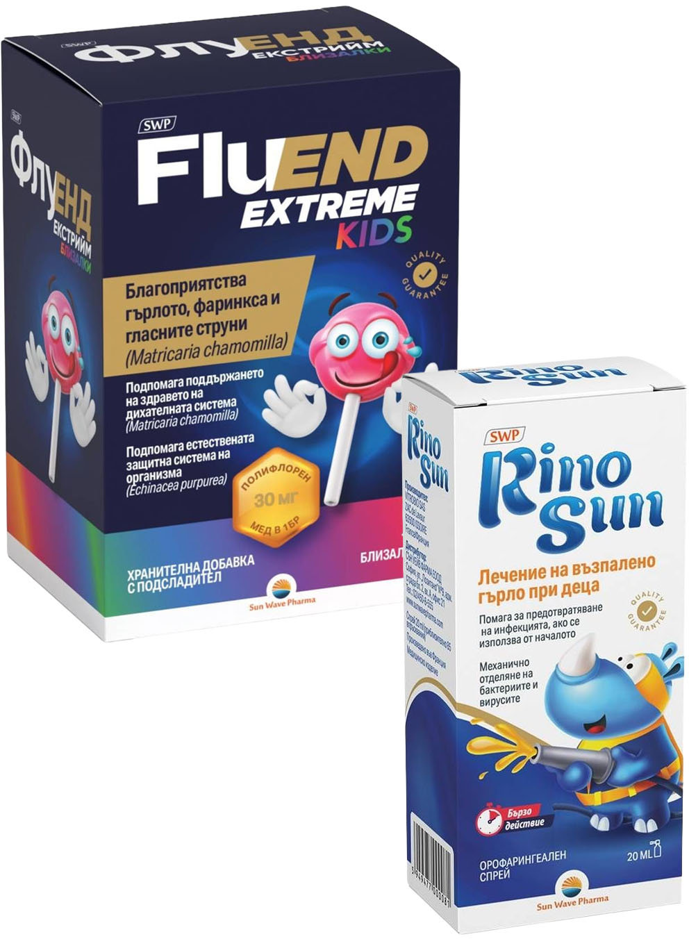 Sun Wave Pharma Set - RinoSun Spray pentru dureri în gât, 20 ml + Fluend Extreme Kids, 10 acadele