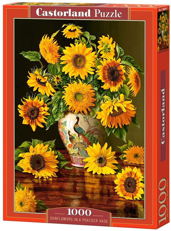 Puzzle Castorland din 1000 de piese - Floarea soarelui in vaza cu fazani