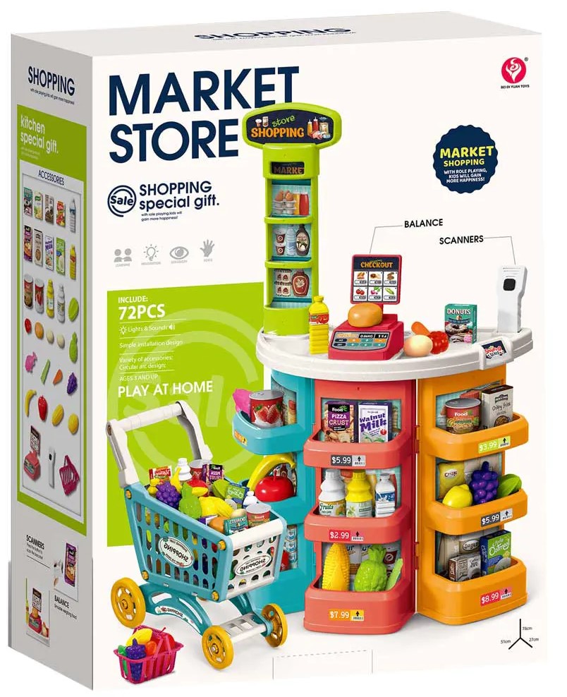 Supermarket cu coș de cumpărături Yuan Toys - 72 piese