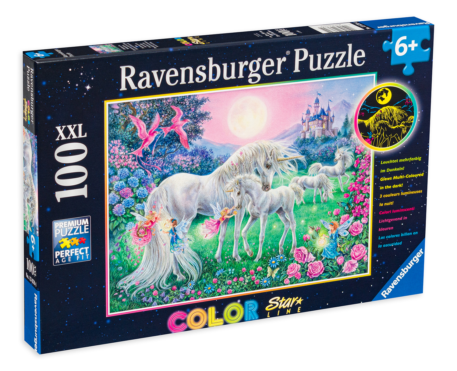 Puzzle luminos Ravensburger din 100 XXL de piese - Unicorni la lumina lunii