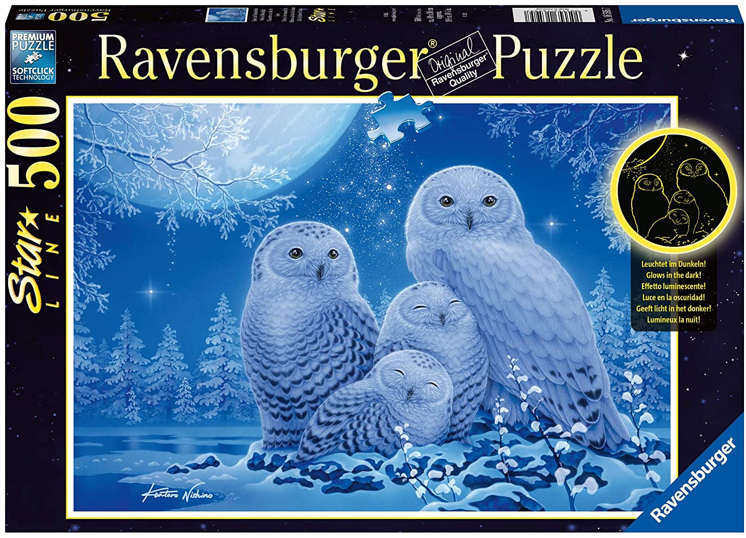 Puzzle luminos Ravensburger din 500 de piese - Bufnițe în lumina lunii