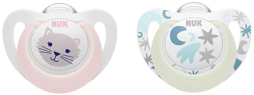 Suzete luminoase din silicon NUK - Star Night & Day, 0-6 luni, pentru fete, 2 buc