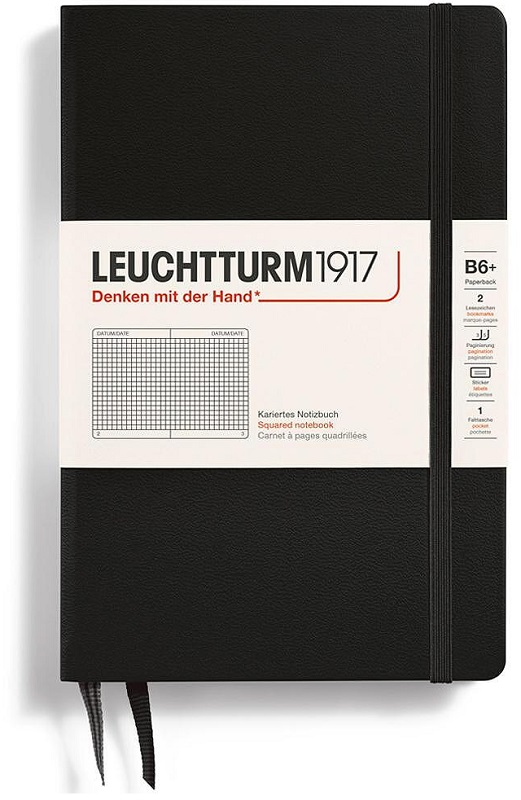 Caiet Leuchtturm1917 Paperback - B6+, negru, pagini pătrate, copertă rigidă
