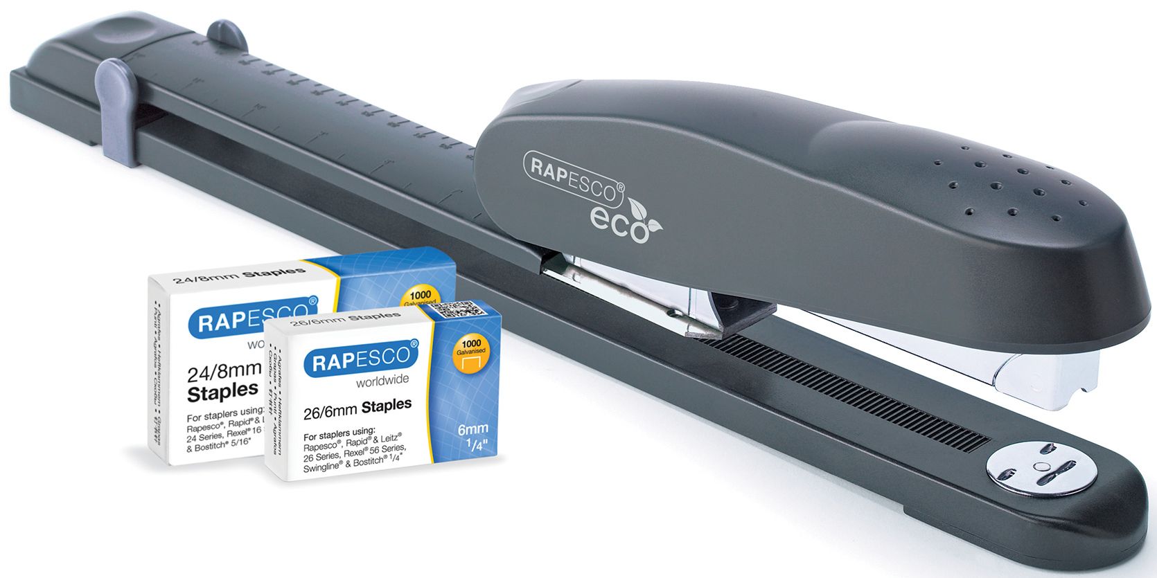 Capsator Rapesco - Eco, cu brat lung, 24/6 sau 24/8, pentru 50 file, negru