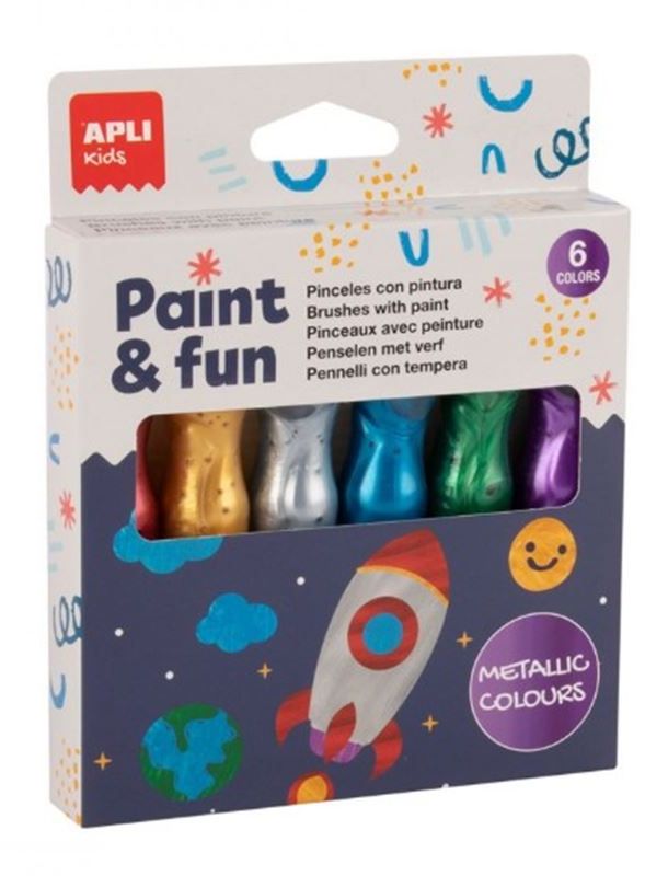 Vopsele tempera Apli - 6 culori metalice, cu pensulă