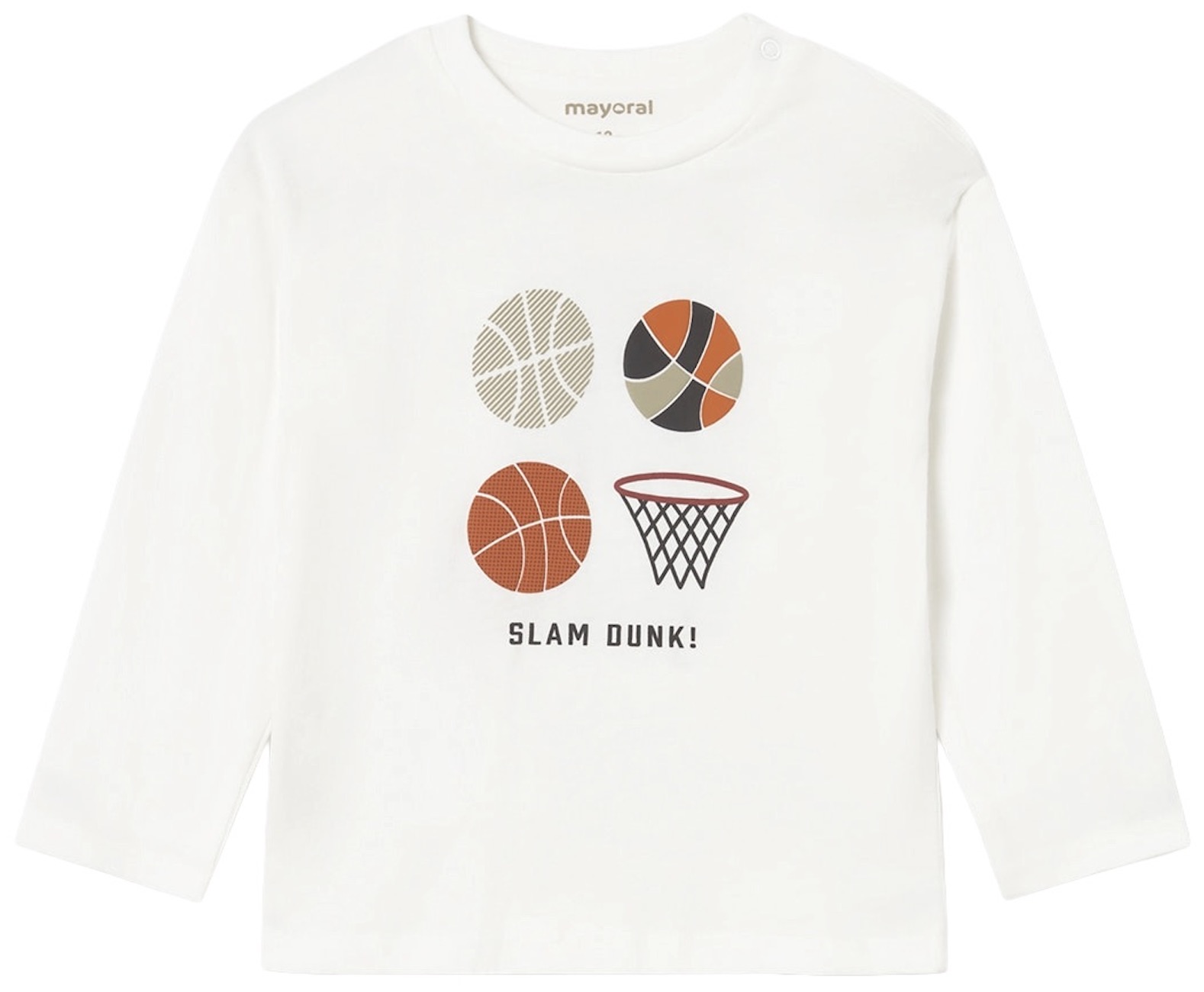 Tricou cu mânecă lungă Mayoral - Imprimeu de baschet, alb, 12 luni