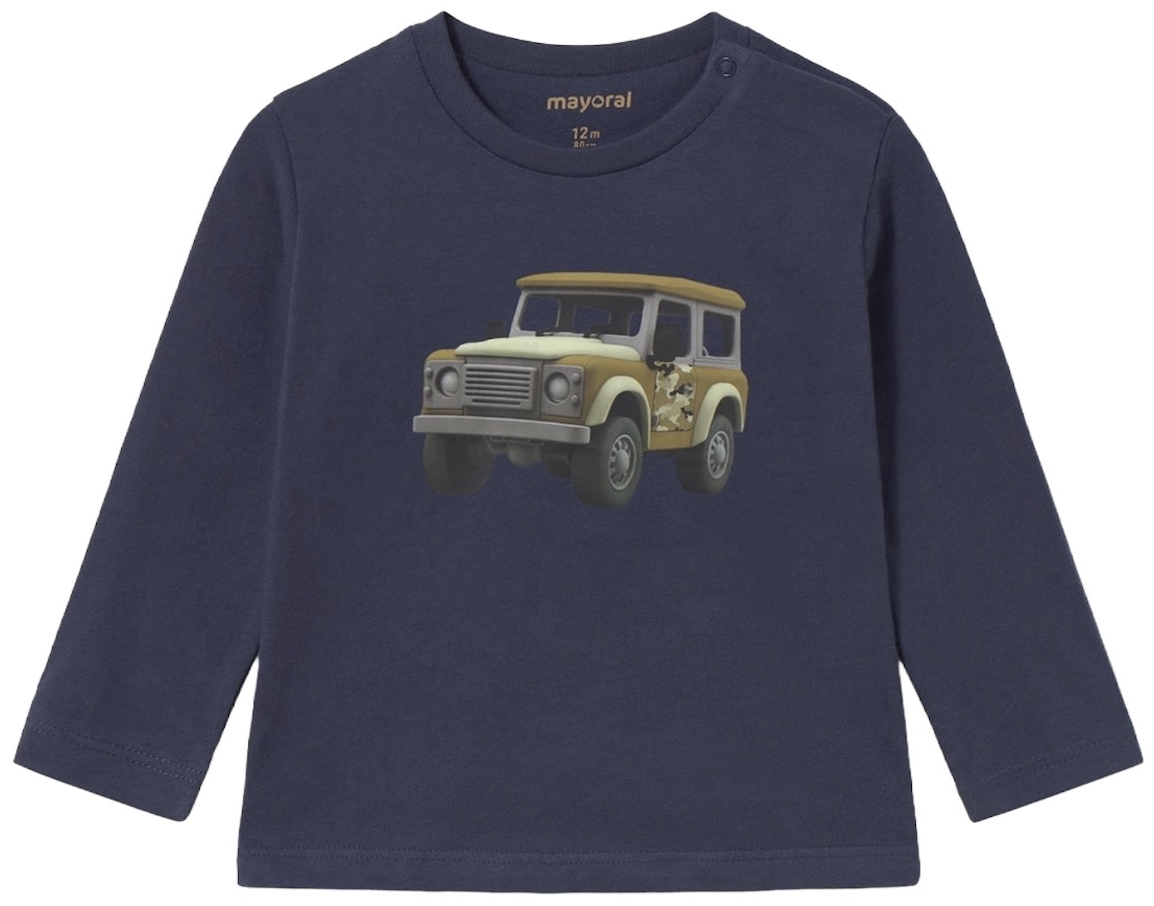 Tricou cu mânecă lungă Mayoral - Jeep de safari, albastru închis, 18 luni